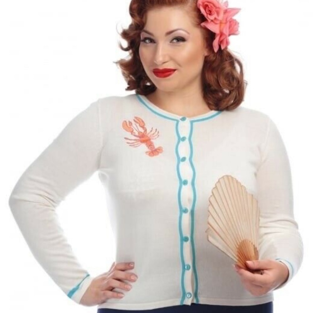 Collectif White and Blue Cardigan with Lobster Design
